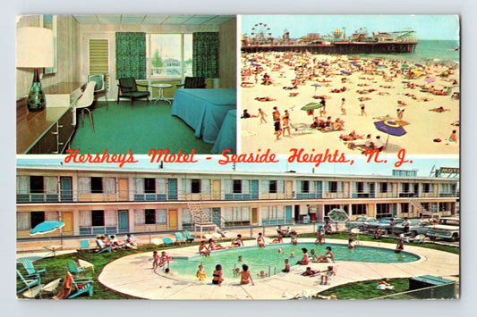 Seaside Heights New Jersey Hersheys Motel multiview postcard showing guest room beach and circular pool courtyard 1970s