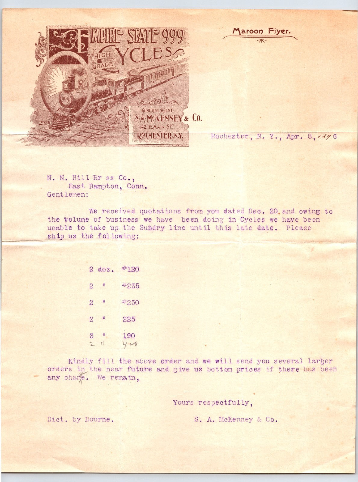 Empire State 999 Cycles McKenney Rochester NY 1896 Bicycle Letterhead 8.5 x 11