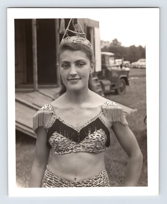 Mills Bros Circus showgirl Mulle Bros posing in costume backstage near circus truck 1964 photograph