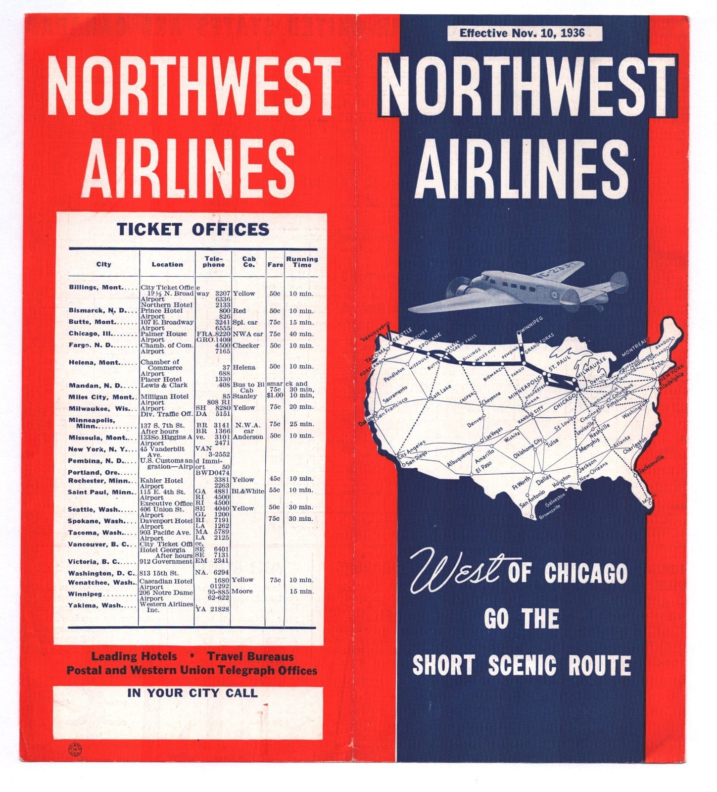 1936 Northwest Airlines timetable brochure showing route map of United States with airplane illustration and red and blue cover design