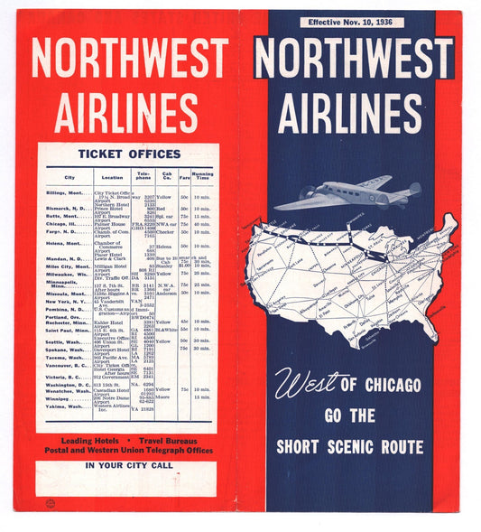 1936 Northwest Airlines timetable brochure showing route map of United States with airplane illustration and red and blue cover design