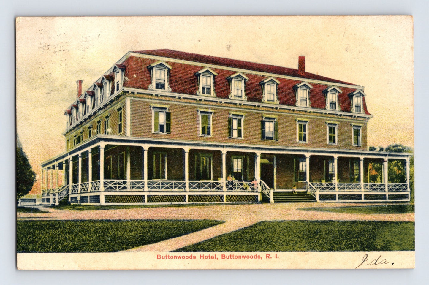1907 Buttonwoods Rhode Island Buttonwoods Hotel postcard showing large resort style hotel with wraparound porch and mansard roof