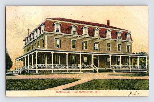 1907 Buttonwoods Rhode Island Buttonwoods Hotel postcard showing large resort style hotel with wraparound porch and mansard roof
