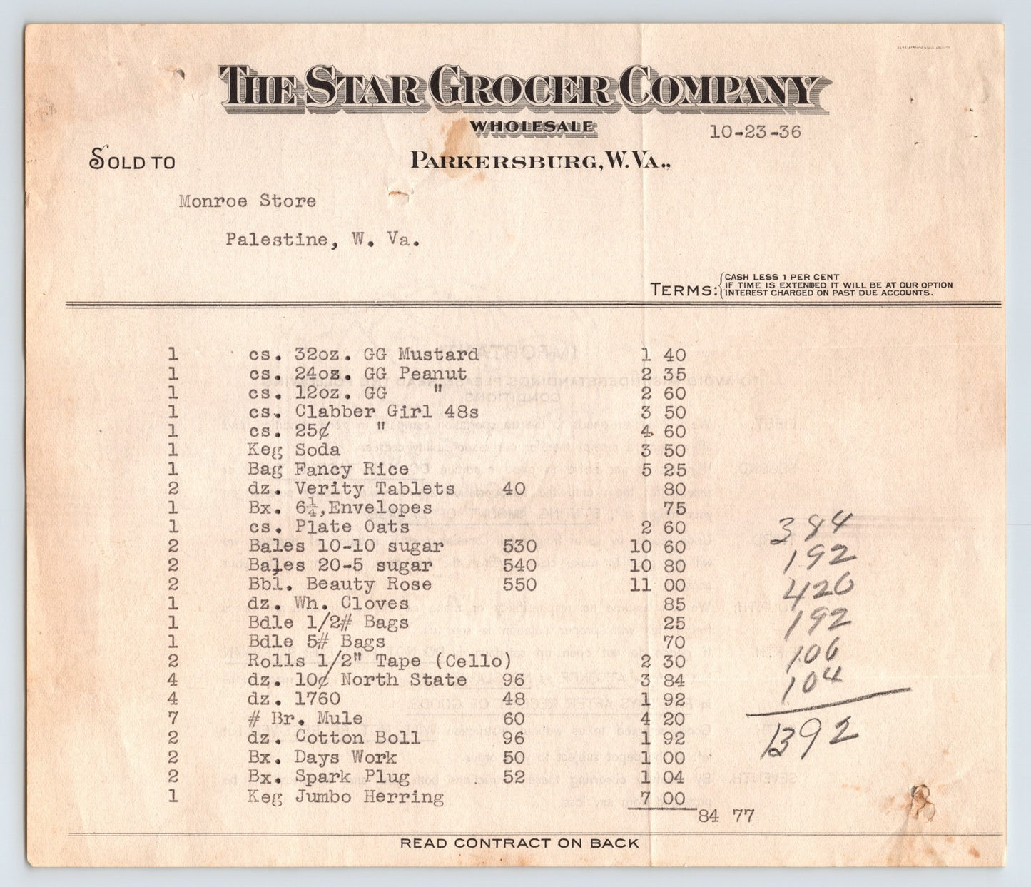 Parkersburg West Virginia Star Grocer Company wholesale billhead 1936 Palestine store invoice