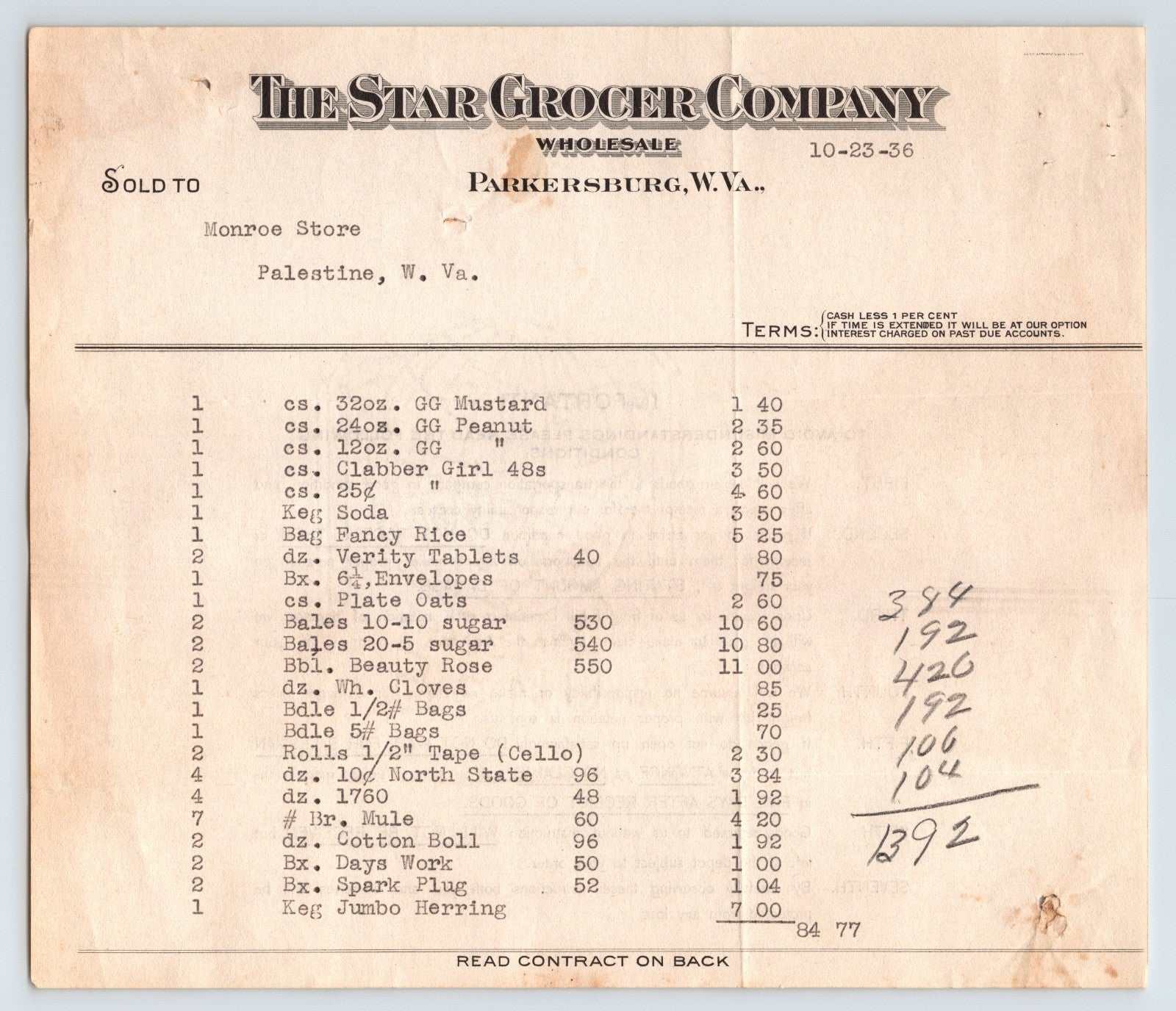 Parkersburg West Virginia Star Grocer Company wholesale billhead 1936 Palestine store invoice