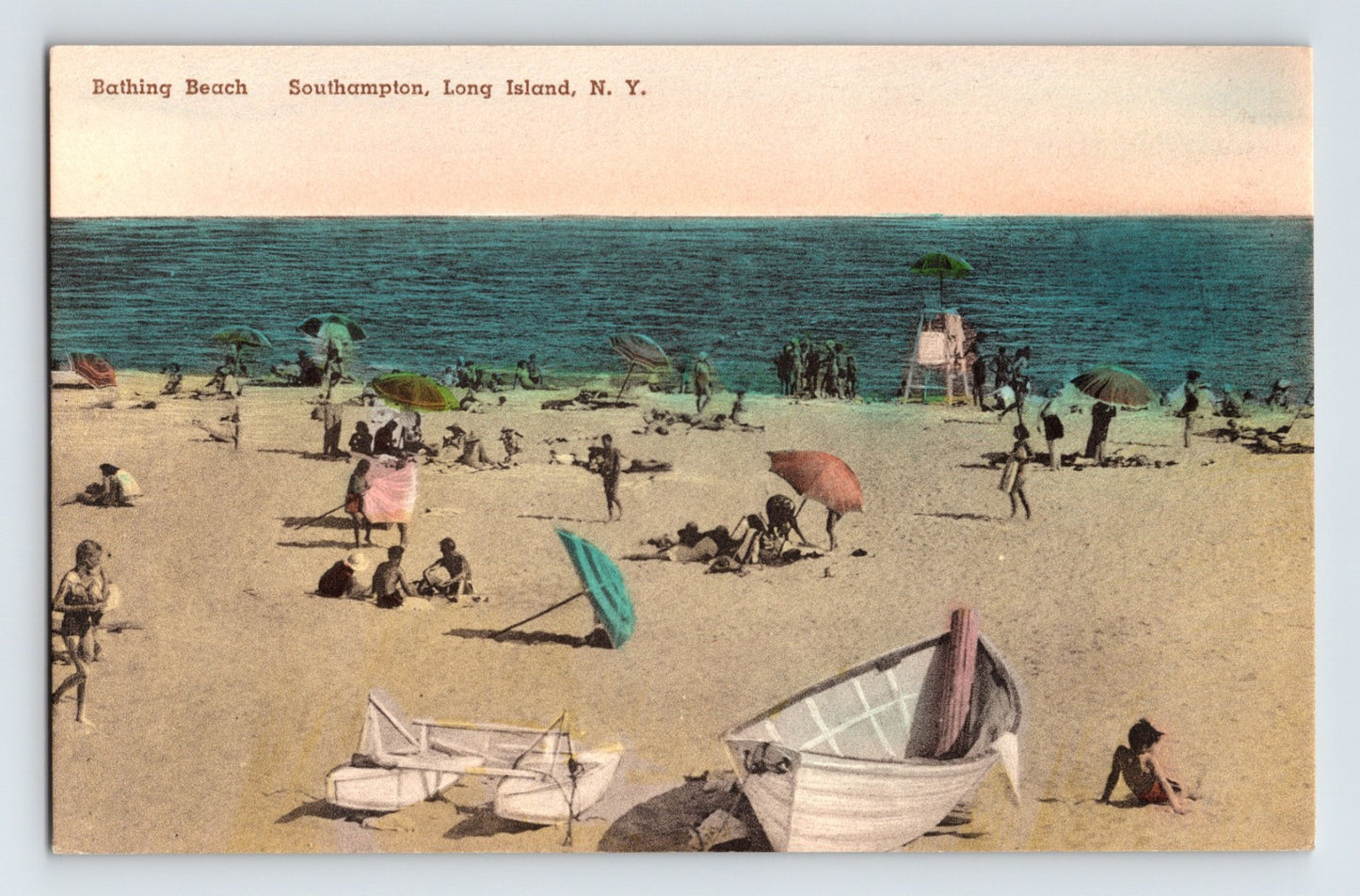 Southampton Long Island New York bathing beach swimmers umbrellas postcard