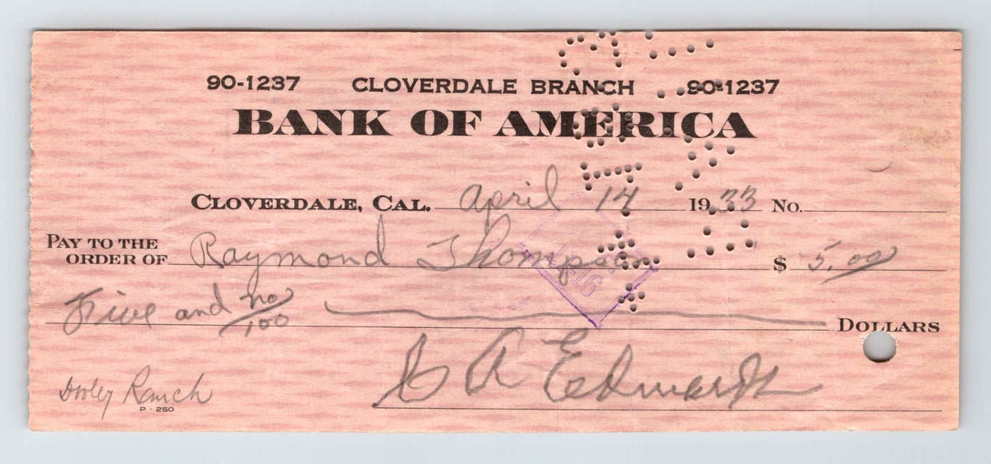 1933 Bank of America Cloverdale California money order check showing perforated validation holes handwritten payee and amount on woodgrain paper stock