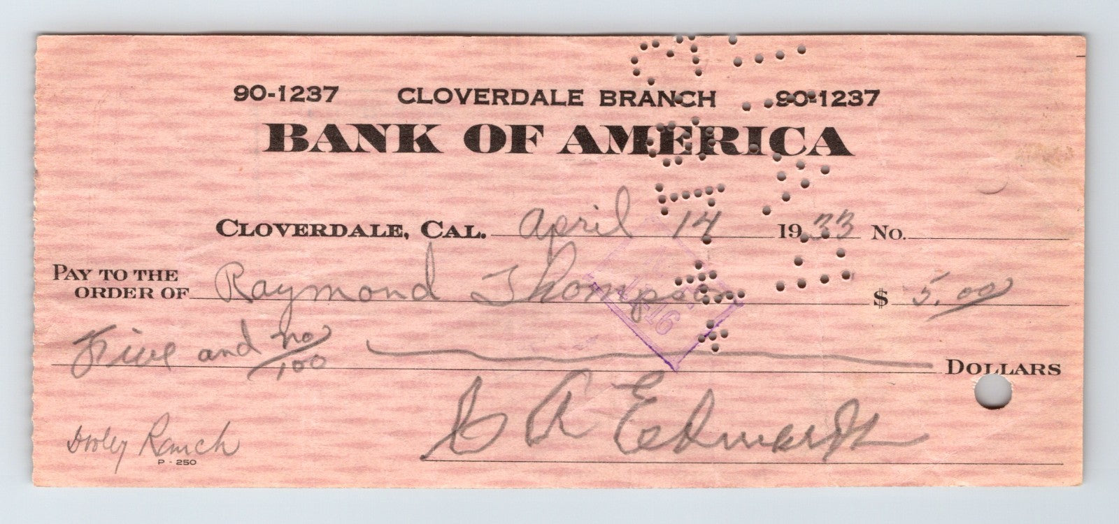1933 Bank of America Cloverdale California money order check showing perforated validation holes handwritten payee and amount on woodgrain paper stock