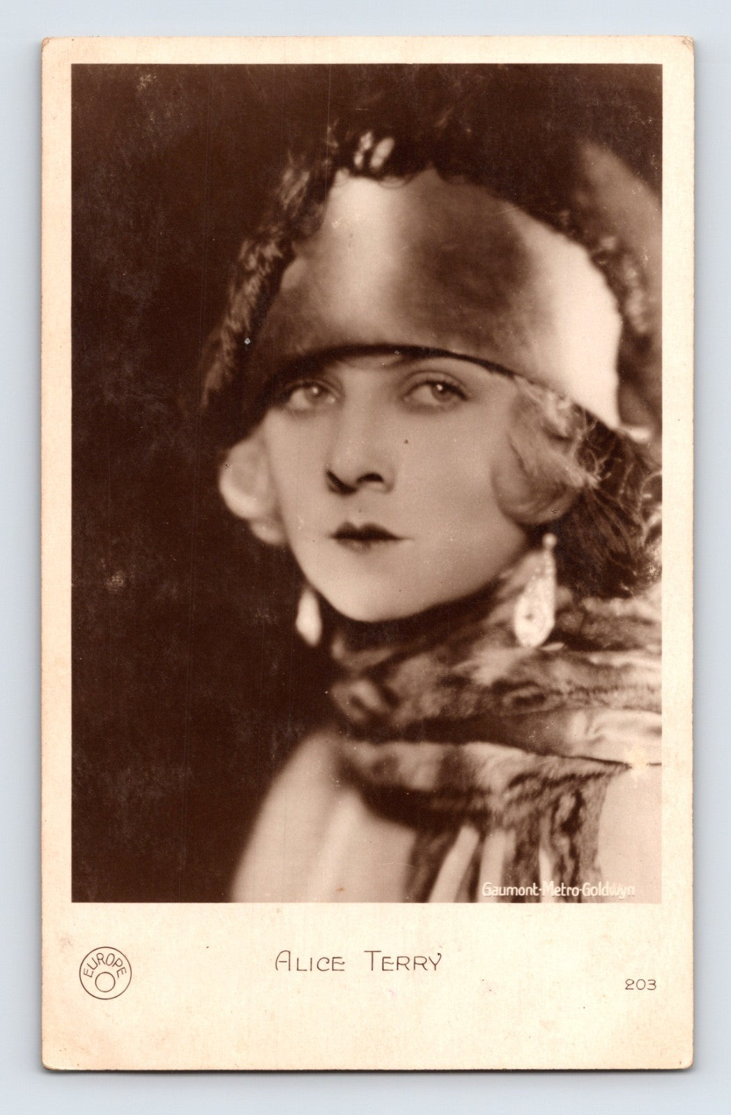 Alice Terry silent film actress portrait RPPC European postcard close up with headpiece and earrings