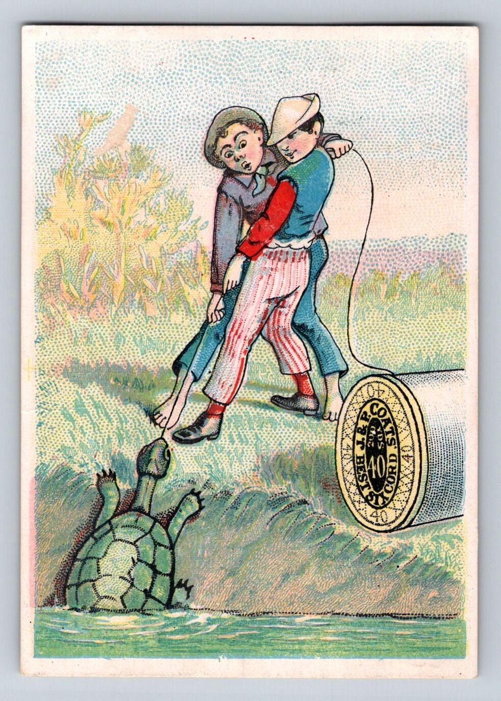 J P Coats sewing thread Victorian trade card boys catching turtle illustration