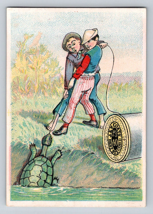 J P Coats sewing thread Victorian trade card boys catching turtle illustration