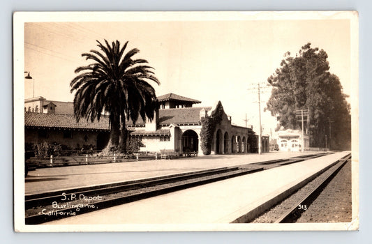 Southern Pacific Depot Burlingame California 1930 real photo postcard railroad station RPPC