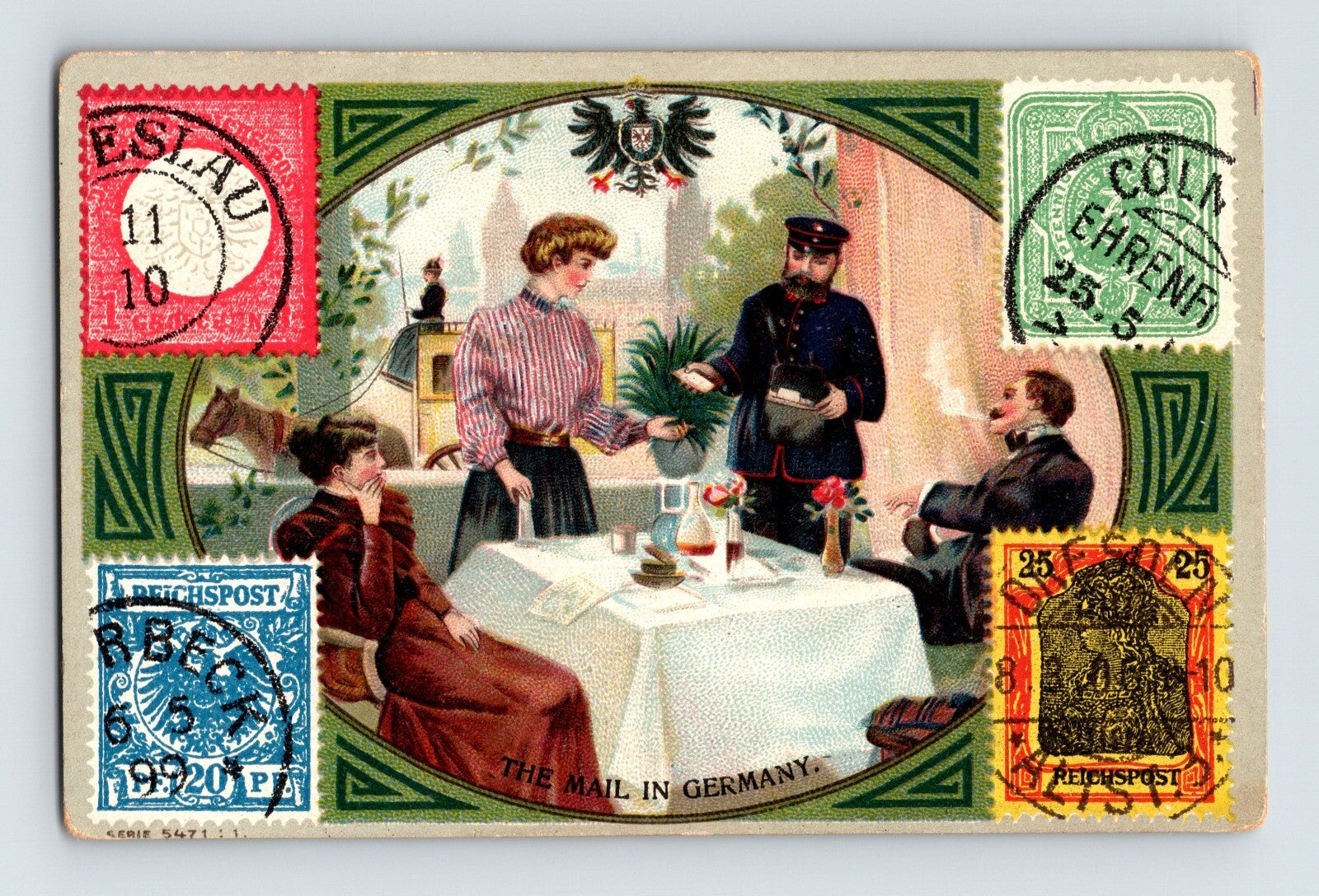 Germany Mail postage stamps trade card dining scene 1910s 4 x 2.75