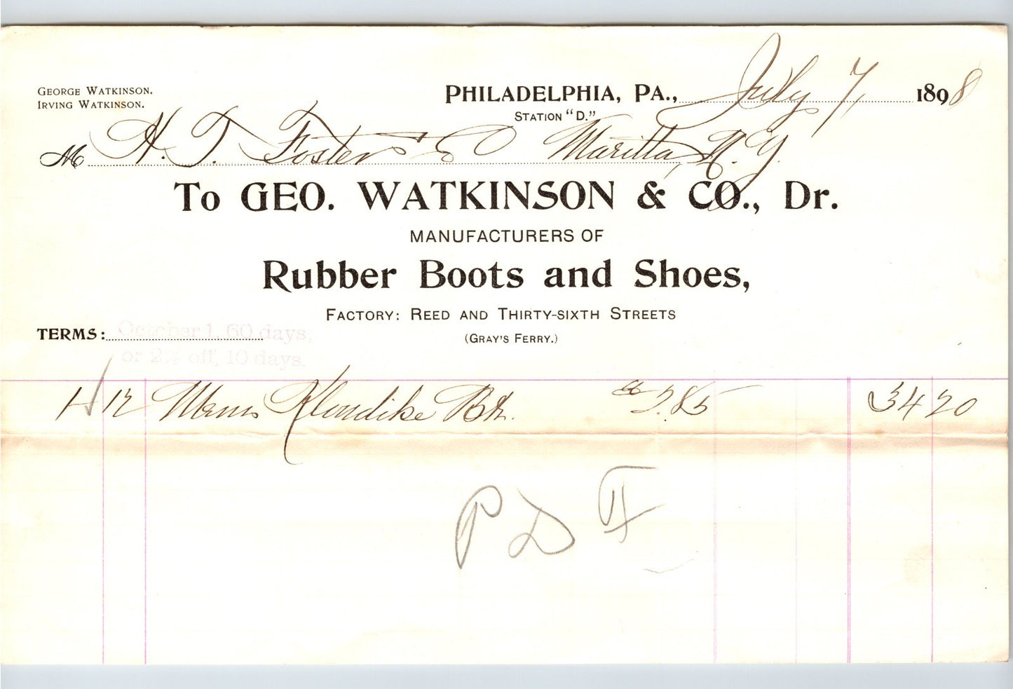 Philadelphia PA1898 George Watkinson Rubber Boots Shoes Billhead - 8.5 x 5.5