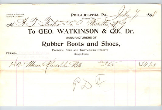 Philadelphia PA1898 George Watkinson Rubber Boots Shoes Billhead - 8.5 x 5.5