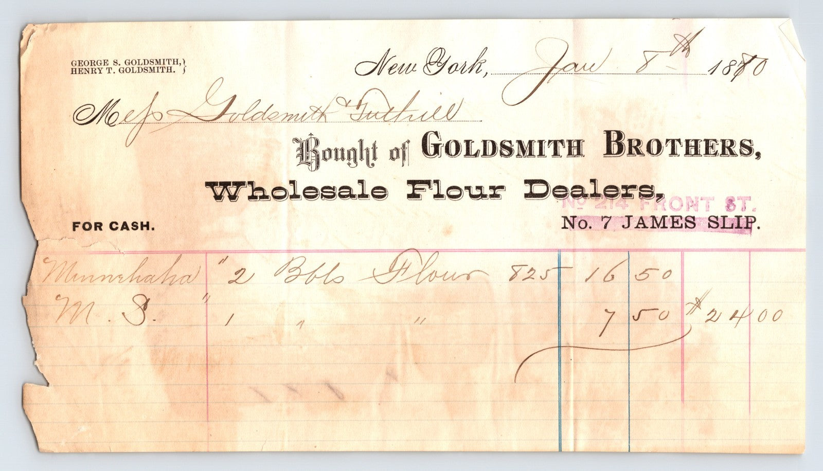New York City Goldsmith Brothers wholesale flour billhead 1870 handwritten invoice antique paper