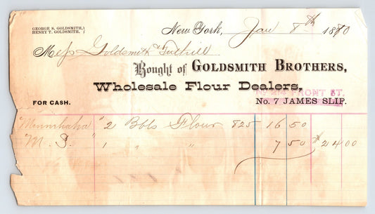 New York City Goldsmith Brothers wholesale flour billhead 1870 handwritten invoice antique paper