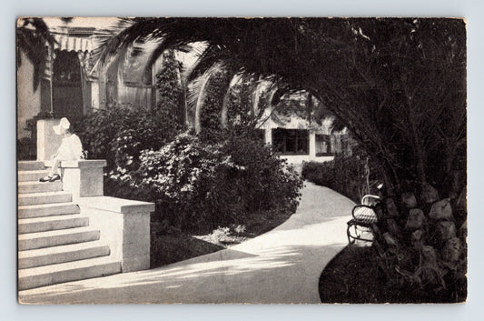 Los Angeles California Hotel Hollywood Apartments courtyard with palm trees curved walkway and stucco arches 1940s postcard