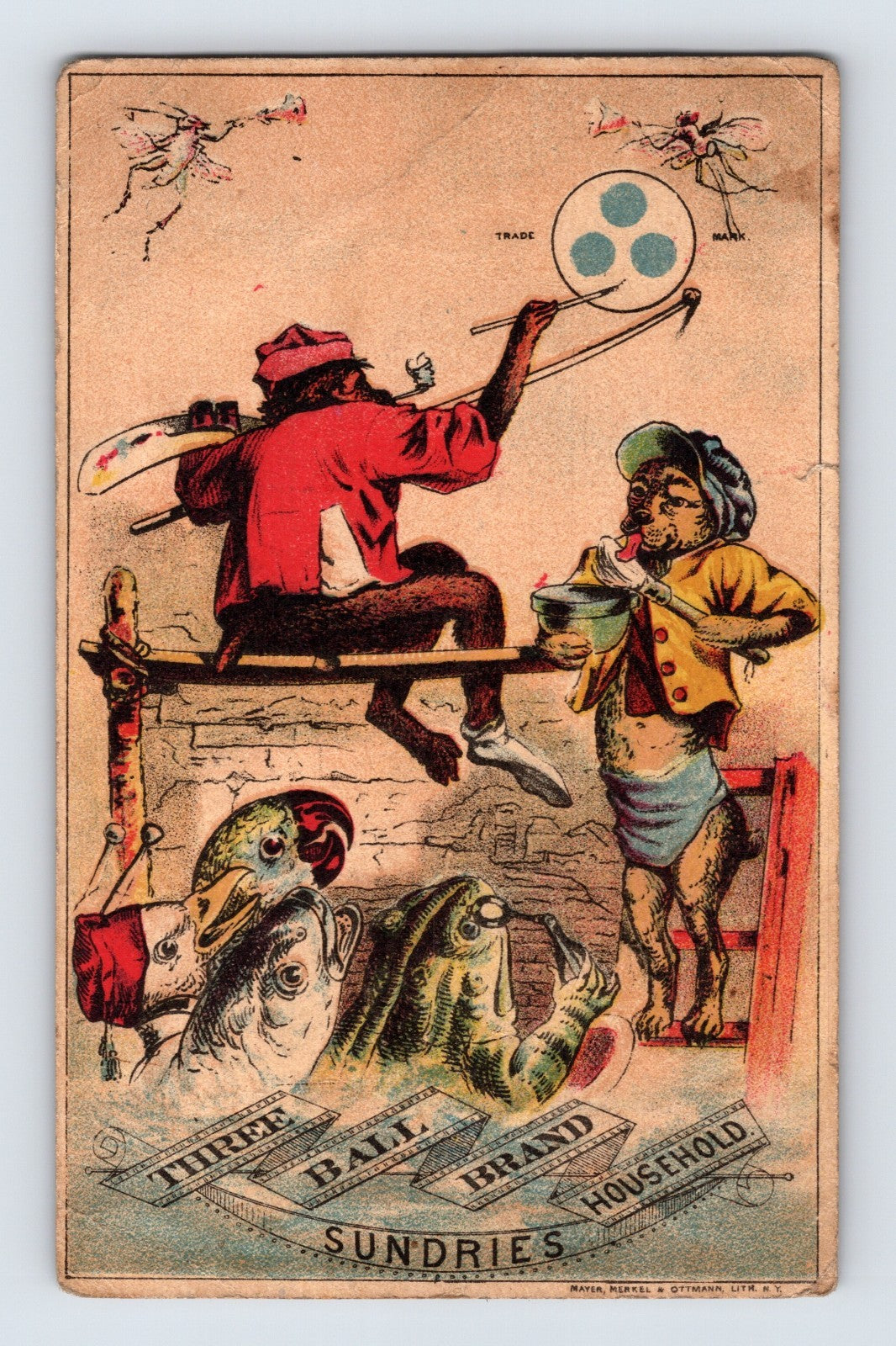 Fischer Three Ball Blue Victorian trade card with humorous monkey and household sundries scene, 4.75 x 3