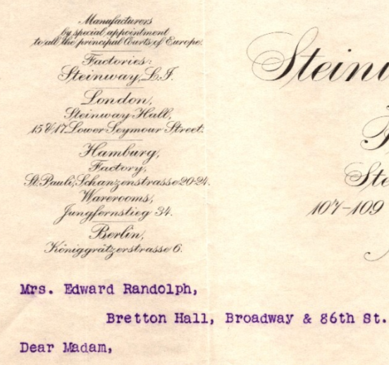 Steinway & Sons New York City 1911 Piano Care Bretton Hall Letterhead 8.5 x 11