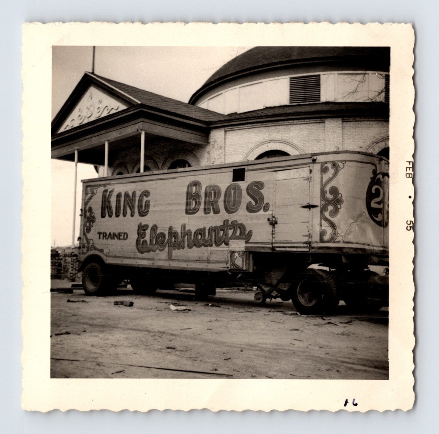 King Bros Circus trained elephants trailer parked beside domed circus building February 1955 photo