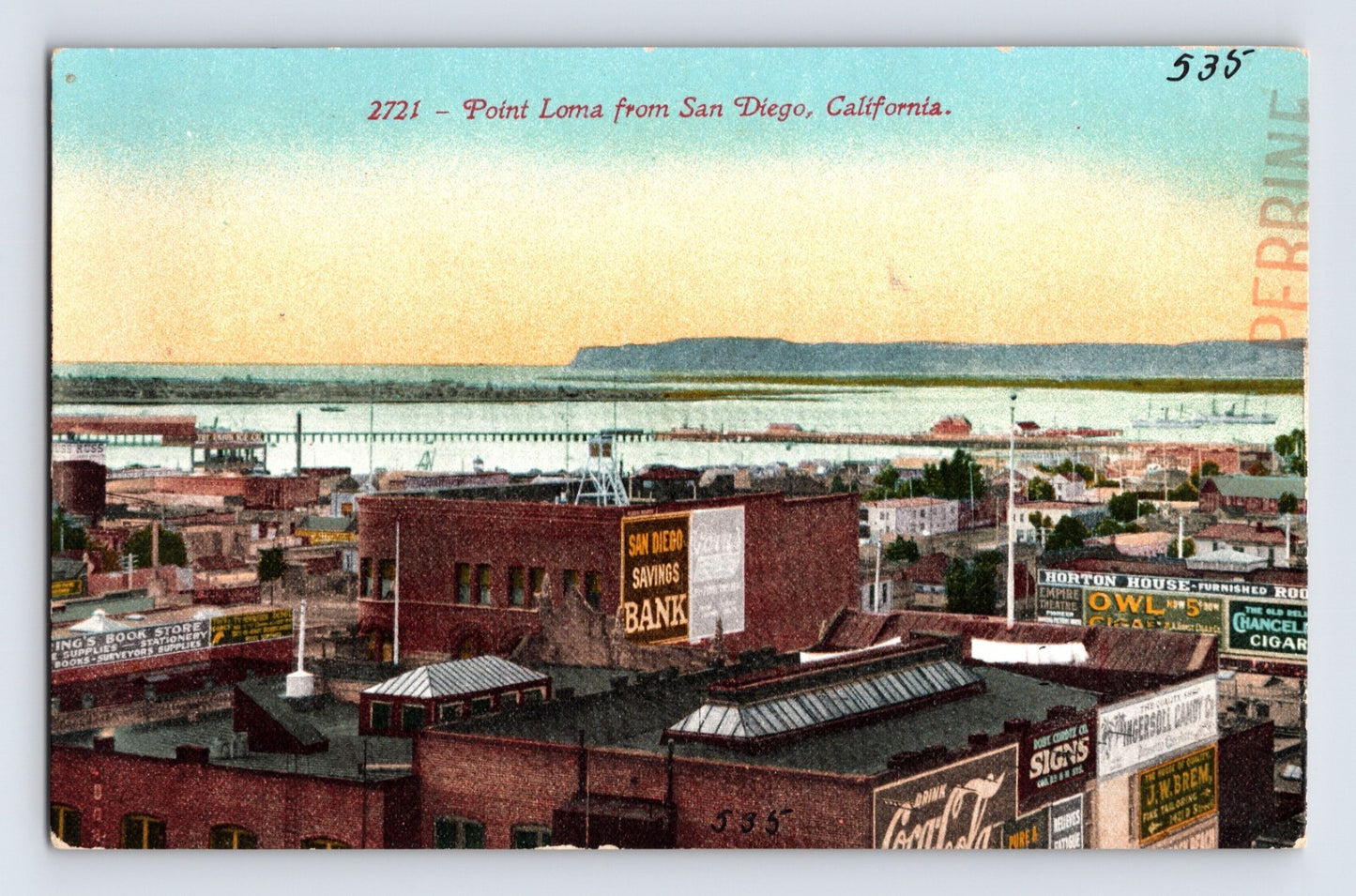 San Diego California Point Loma view rooftops Coca Cola Owl Cigar signs 1910s postcard