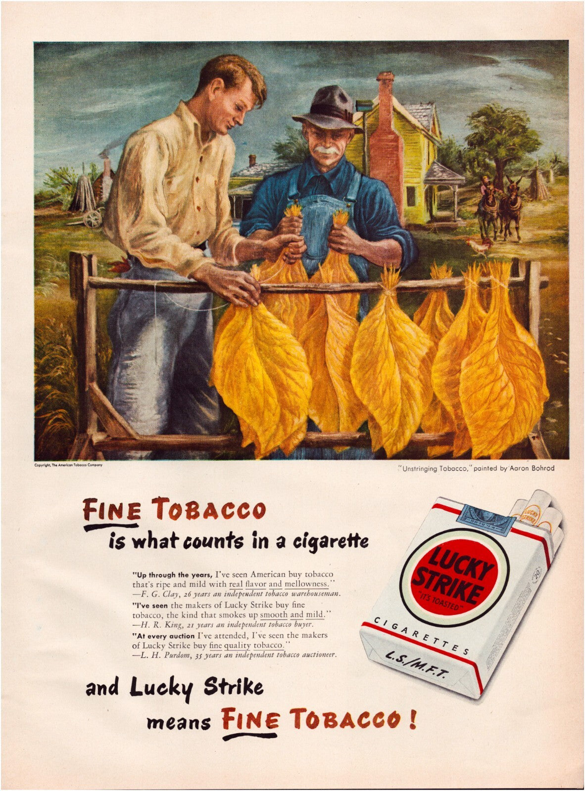 Lucky Strike cigarettes 1947 tobacco farmers curing leaves rural scene print ad