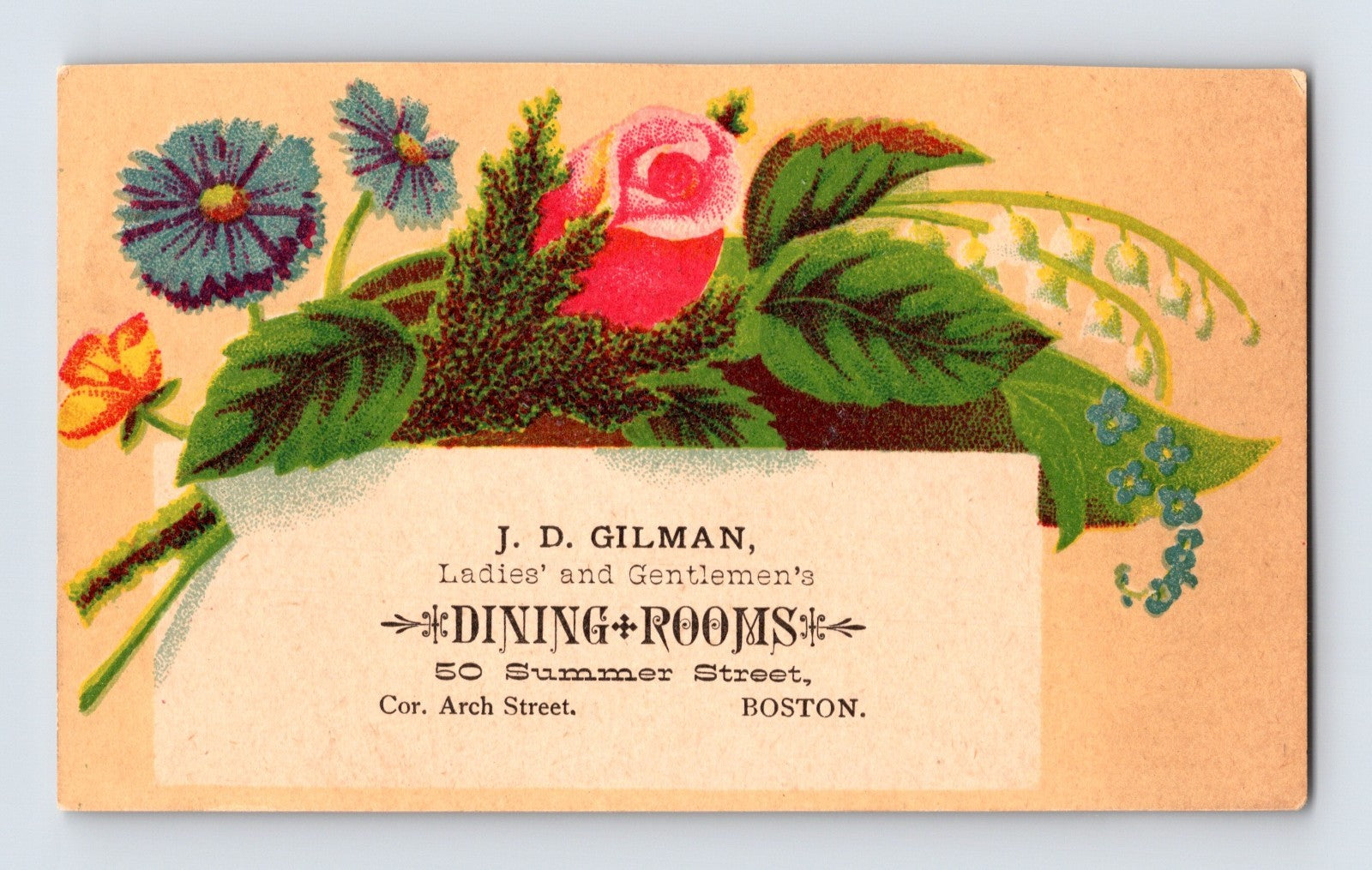 Boston Massachusetts Gilman Dining Rooms restaurant Victorian trade card floral design 1890s
