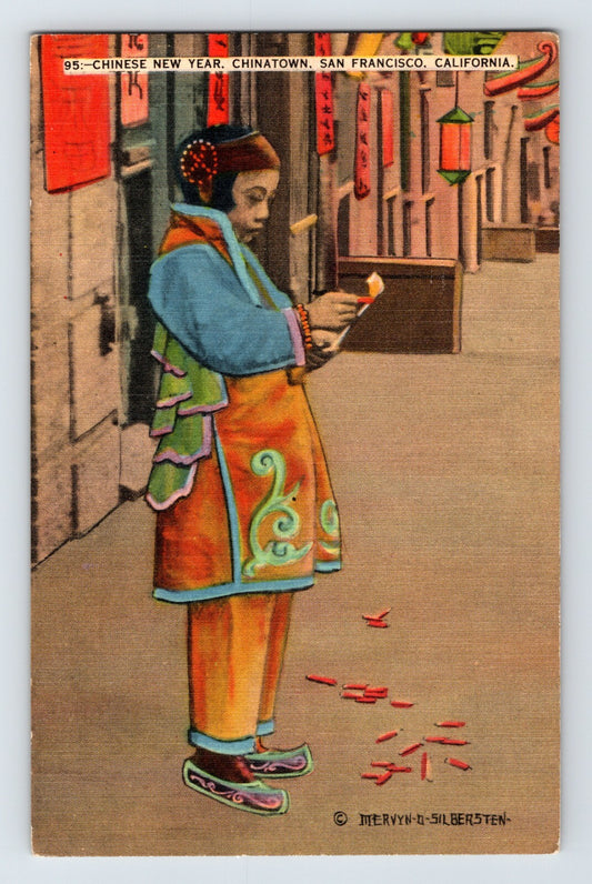 San Francisco California Chinatown Girl Firecrackers 1940s Postcard Unposted
