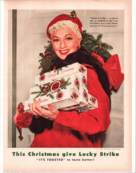 Lucky Strike cigarettes 1954 Ann Sothern Christmas advertisement holiday gift cigarette cartons vintage print ad