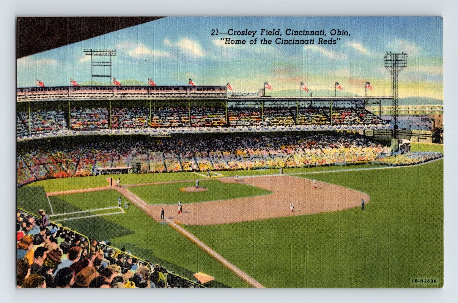 Cincinnati Ohio Crosley Field Reds baseball stadium 1940s linen postcard
