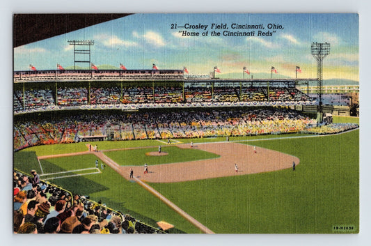 Cincinnati Ohio Crosley Field Reds baseball stadium 1940s linen postcard