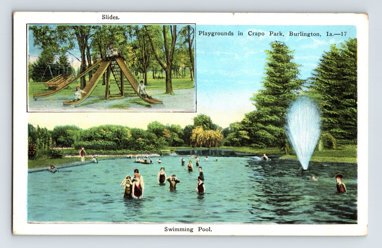 Burlington Iowa Crapo Park swimming pool and slide 1928 posted white border postcard