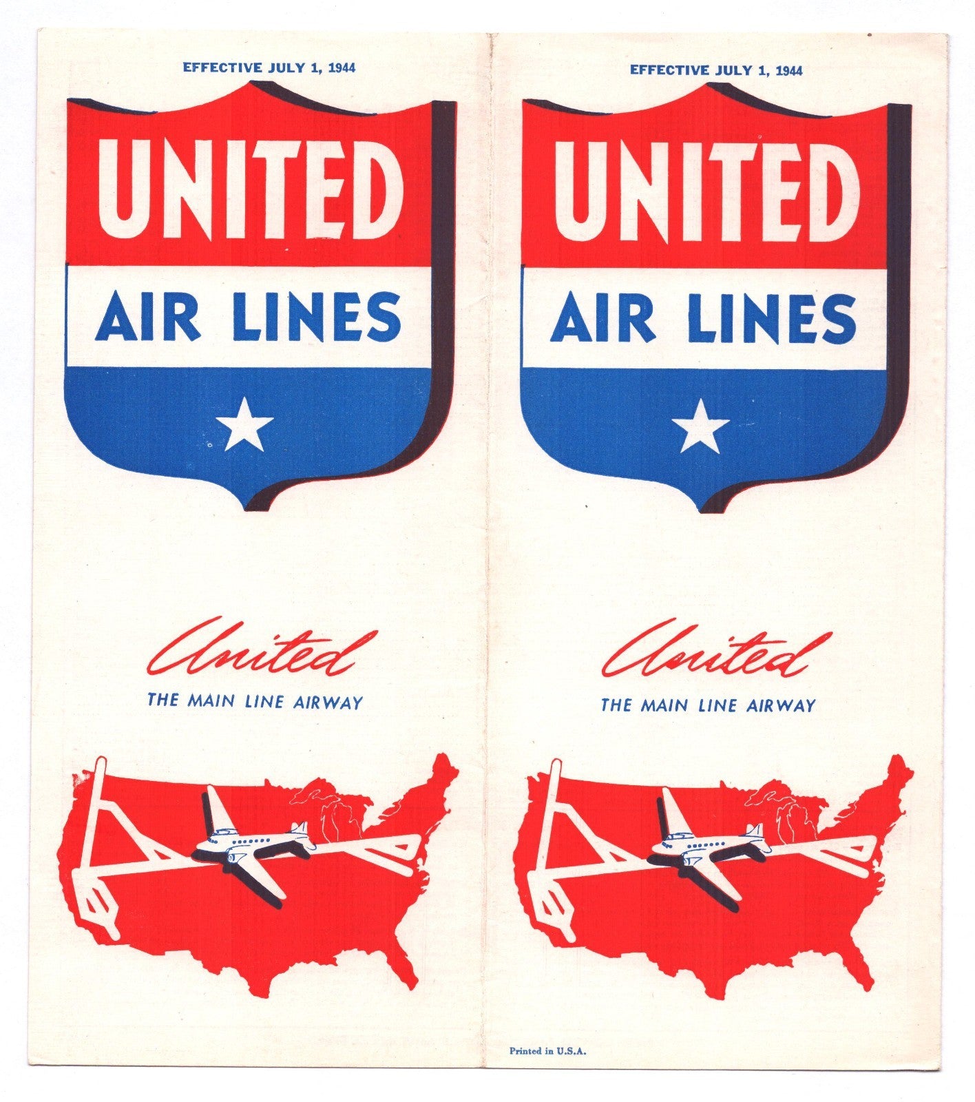 United Airlines 1944 Washington DC system timetable brochure booklet cover with shield logo and route map graphic