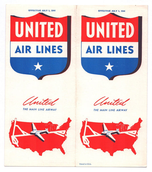United Airlines 1944 Washington DC system timetable brochure booklet cover with shield logo and route map graphic