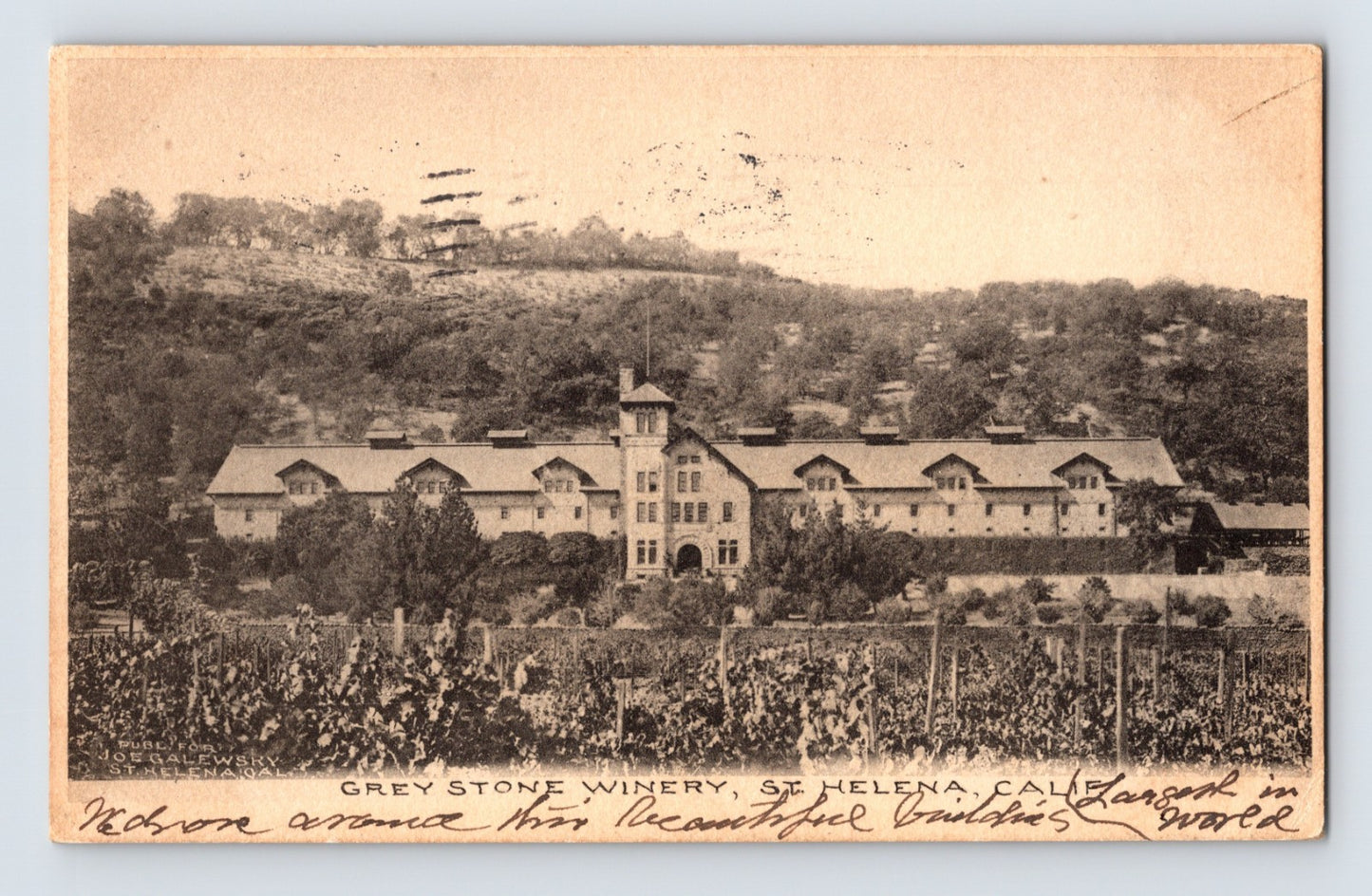 Greystone Winery postcard showing the large stone winery complex and vineyard landscape in St. Helena California Napa Valley.