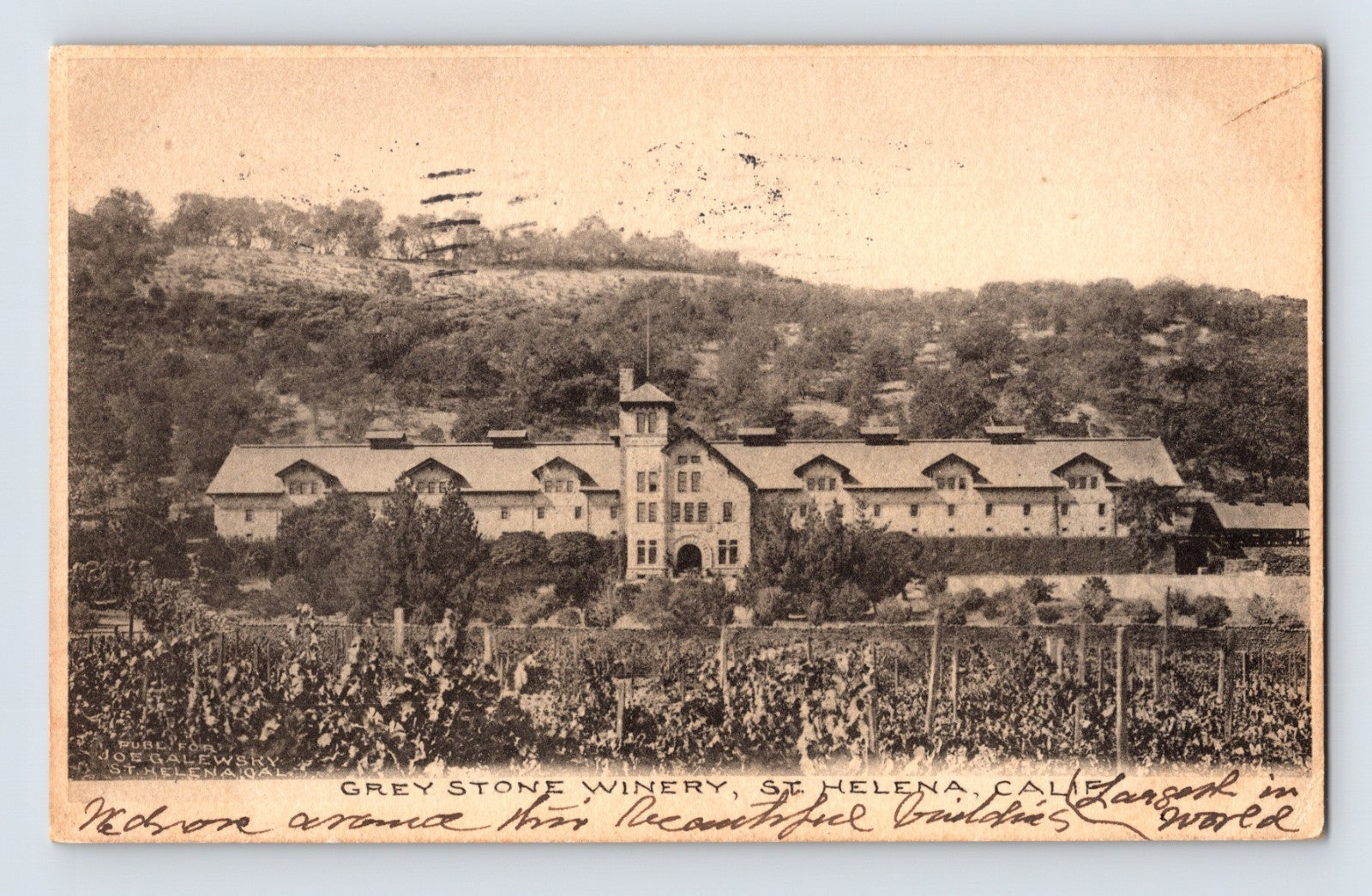 Greystone Winery postcard showing the large stone winery complex and vineyard landscape in St. Helena California Napa Valley.