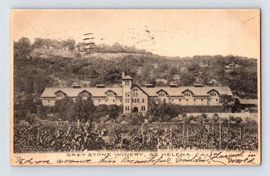 Greystone Winery postcard showing the large stone winery complex and vineyard landscape in St. Helena California Napa Valley.