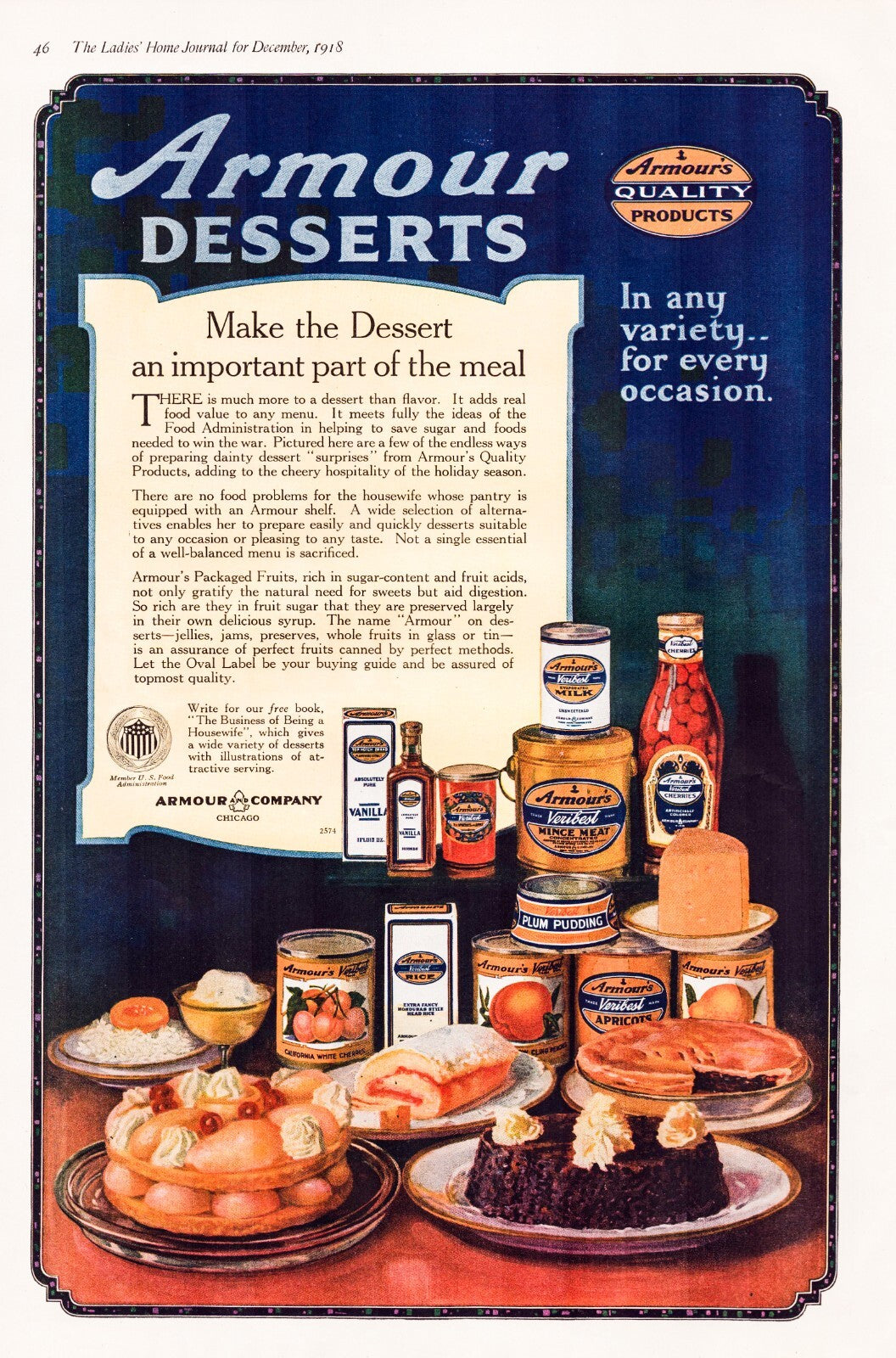 Armour Desserts 1918 Print Ad Full Page 11 x 16