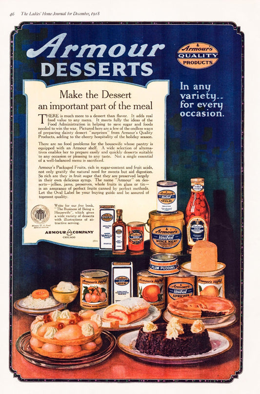 Armour Desserts 1918 Print Ad Full Page 11 x 16