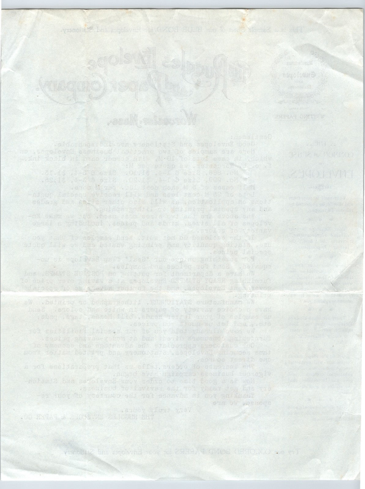 Worcester Massachusetts 1898 Ruggles Envelope Paper Letterhead 8.5 x 11