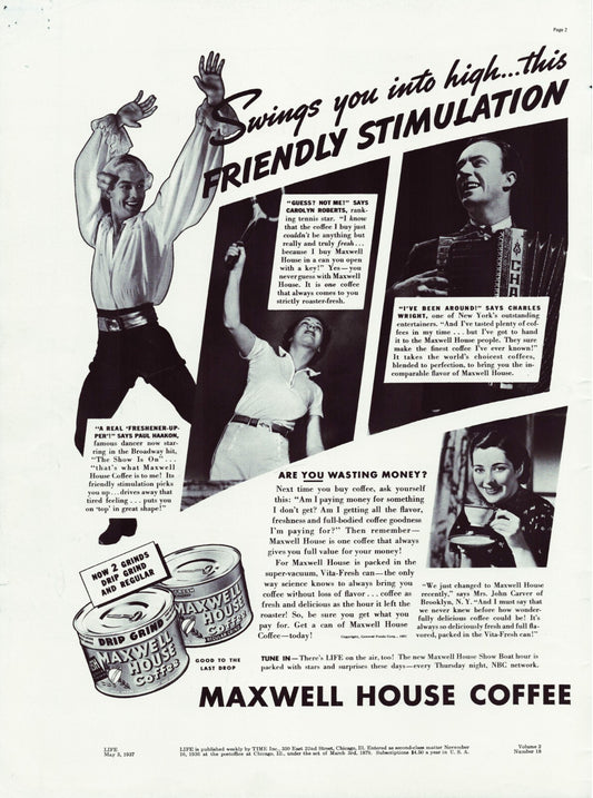 1937 Maxwell House Coffee advertisement with dancers musicians and black and white collage promoting friendly stimulation