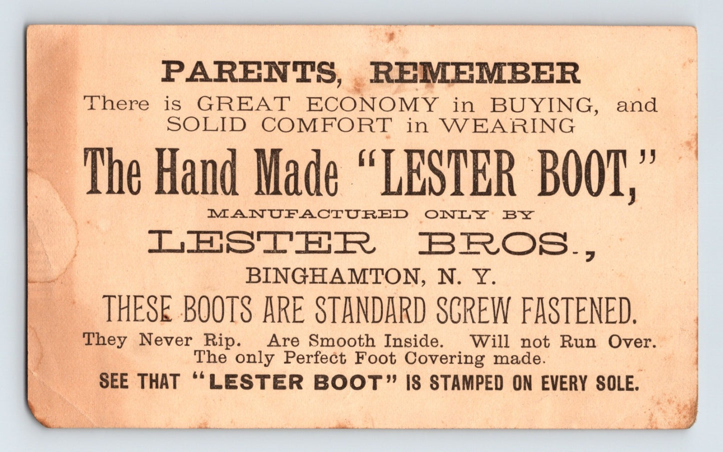 Binghamton NY Lester Boot 1890s Victorian Trade Card Girl Shoes - 5.5 x 3.5