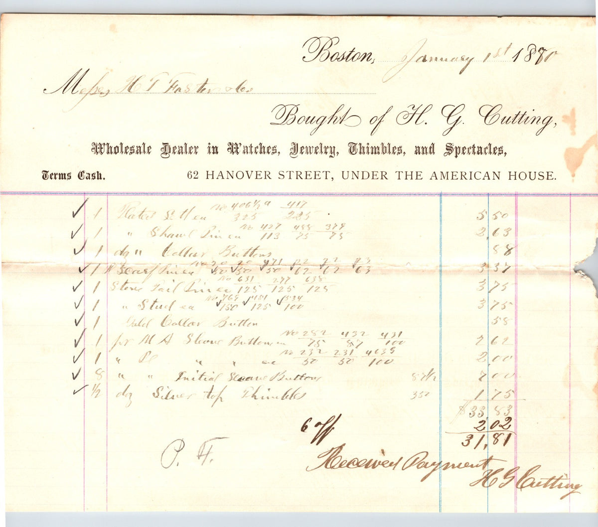 Boston Massachusetts H G Cutting jeweler billhead 1880 Hanover Street American House watches jewelry invoice