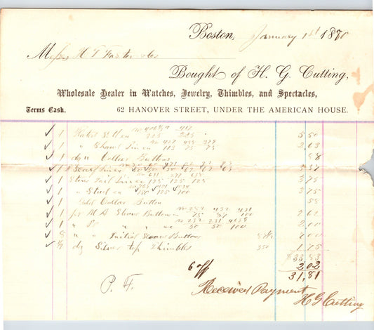 Boston Massachusetts H G Cutting jeweler billhead 1880 Hanover Street American House watches jewelry invoice