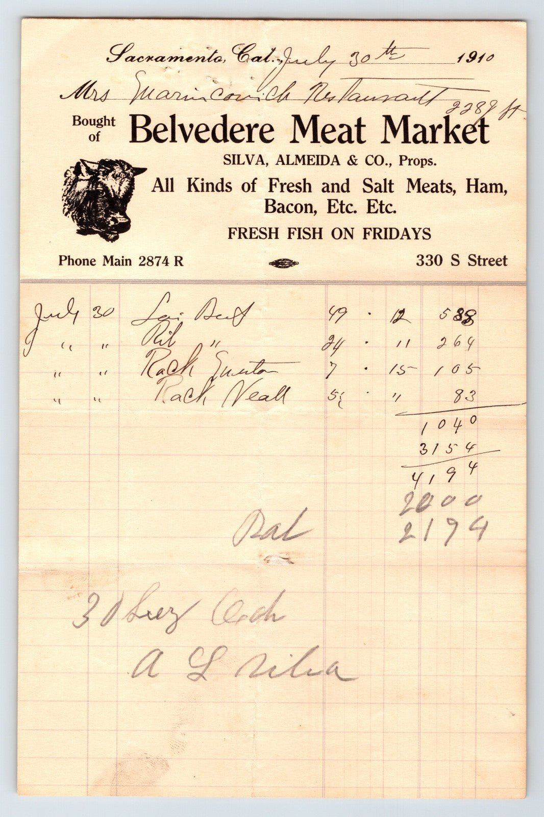 Sacramento California Belvedere Meat Market billhead 1910 butcher invoice with cow illustration