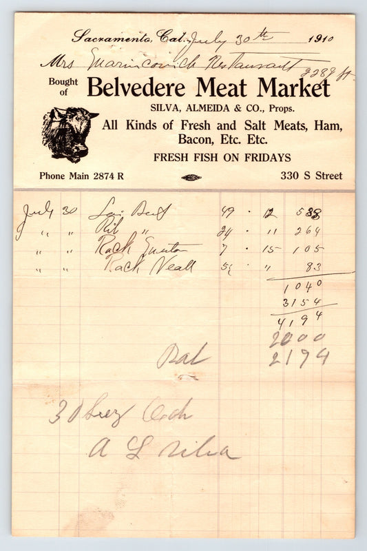 Sacramento California Belvedere Meat Market billhead 1910 butcher invoice with cow illustration