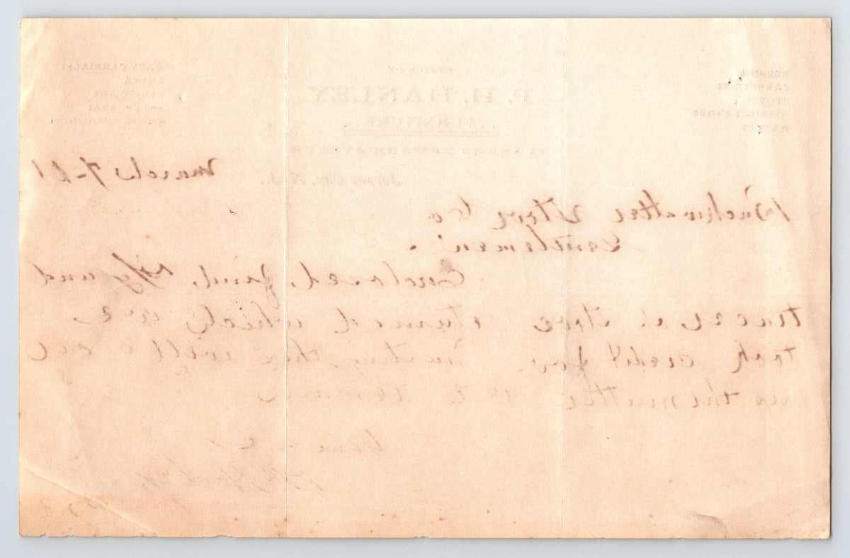 Jersey City New Jersey 1901 P H Hanley Furniture Letterhead 8 x 5.5