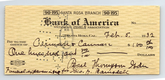Santa Rosa California Bank of America 1932 money order check handwritten financial document