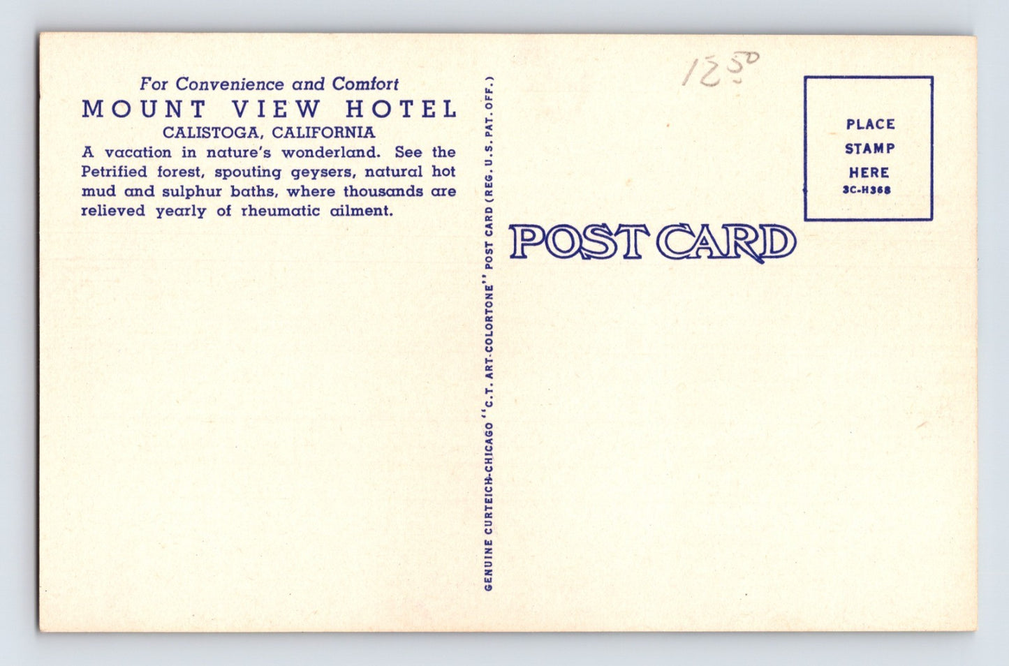 Calistoga California Mount View Hotel Interior 1940s Postcard Unposted Linen